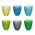 Colored Glass Water Glasses with Leaf Decoration, 12 Pieces - Indonesia