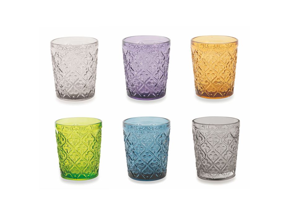 Colored Glass Water Glasses with Arabesque Decorations 12 Pieces - Morocco Viadurini