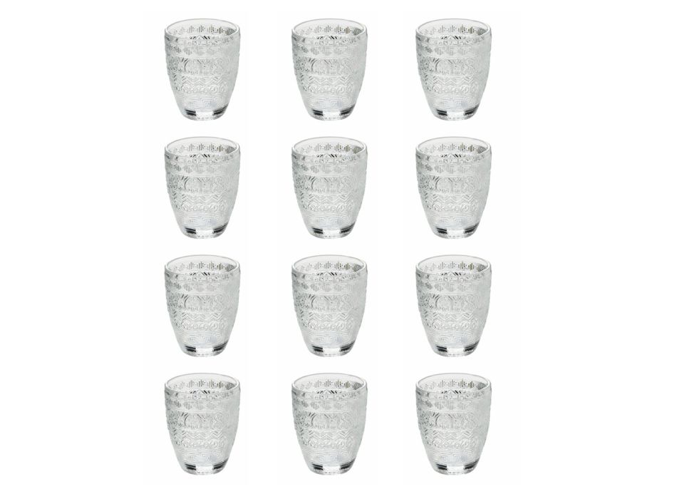 Transparent Glass Water Glasses with Arabesque Decorations 12 Pcs - Folk Viadurini