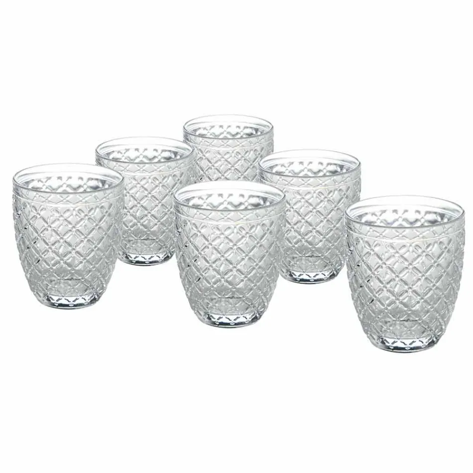 Transparent Glass Water Glasses with Carved Decorations 12 Pieces - Rocca Viadurini