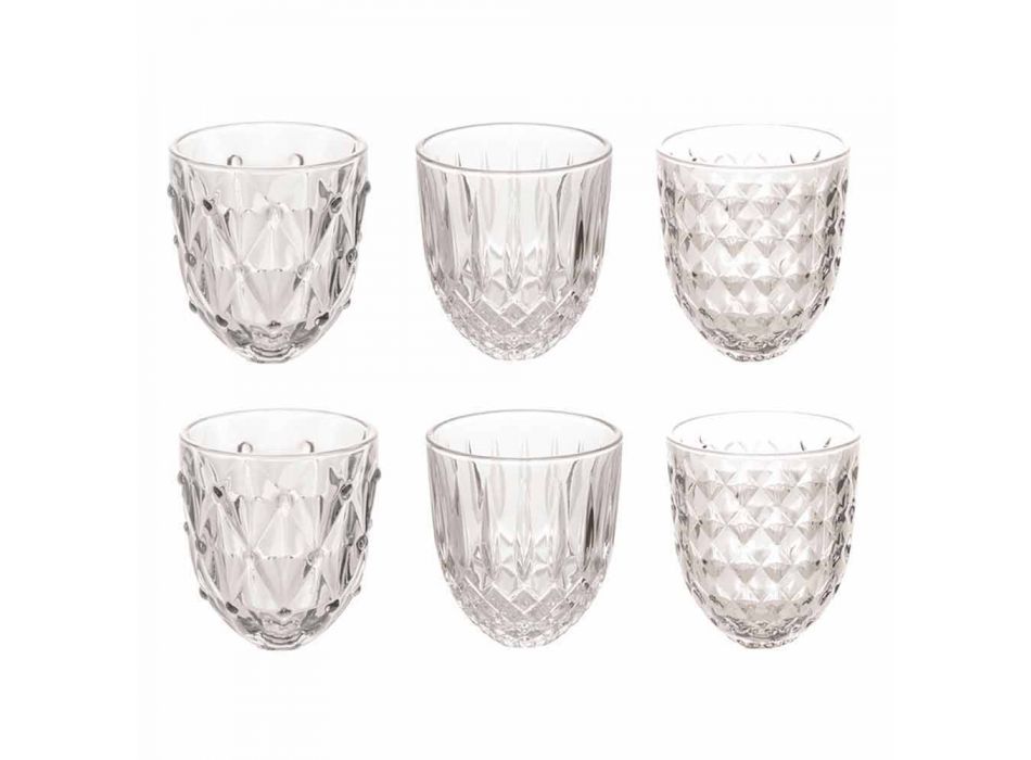 Glasses for Water in Transparent Glass and Relief Decoration 12 Pieces - Angers Viadurini