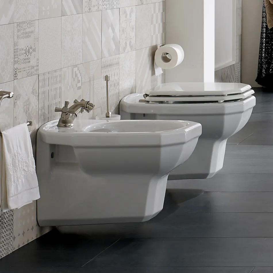 White Ceramic Classic Style Hanging Bidet, Made in Italy - Nausica Viadurini