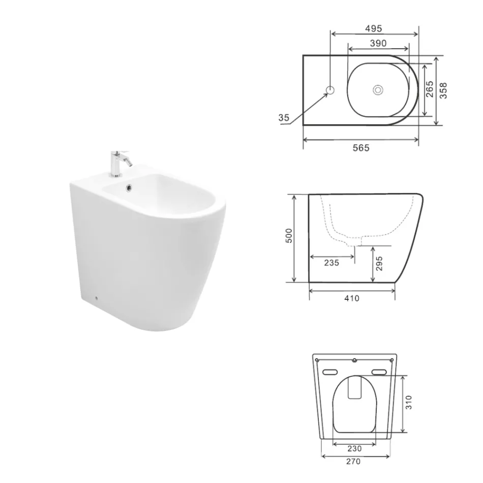 Single-Hole Floor-Mounted Bidet with Rimless Technology in White Ceramic - Oleandro  Viadurini