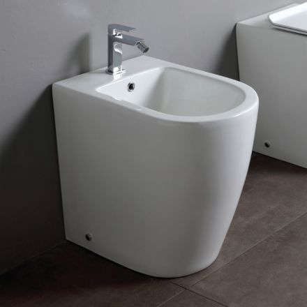 Single-Hole Floor-Mounted Bidet with Rimless Technology in White Ceramic - Oleandro  Viadurini