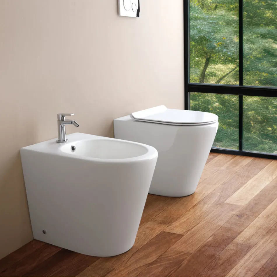 Single-Hole Floor-Mounted Bidet in White Ceramic with a Modern Design - Ginepro Viadurini