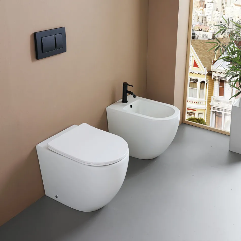 Floor-mounted single-hole bidet in durable white ceramic with a modern design - Olmo Viadurini