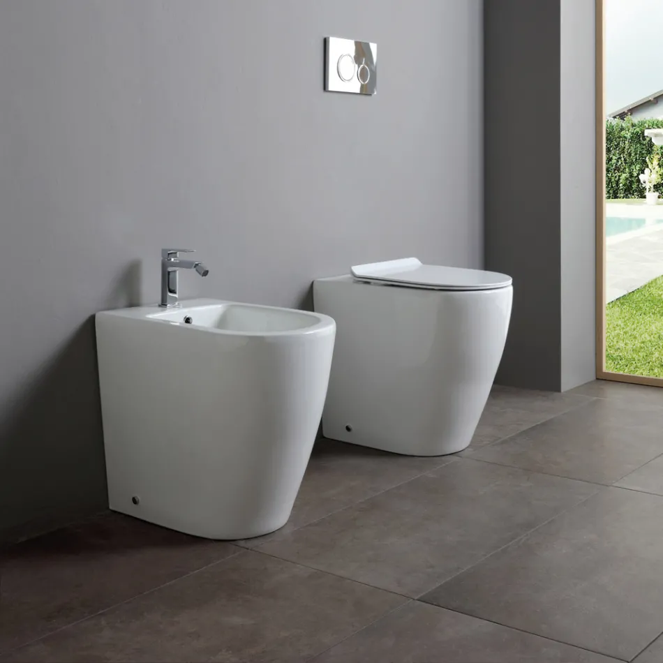 Single-Hole Bidet with Shifted Drain in Ceramic with a Modern Design - Oleandro  Viadurini