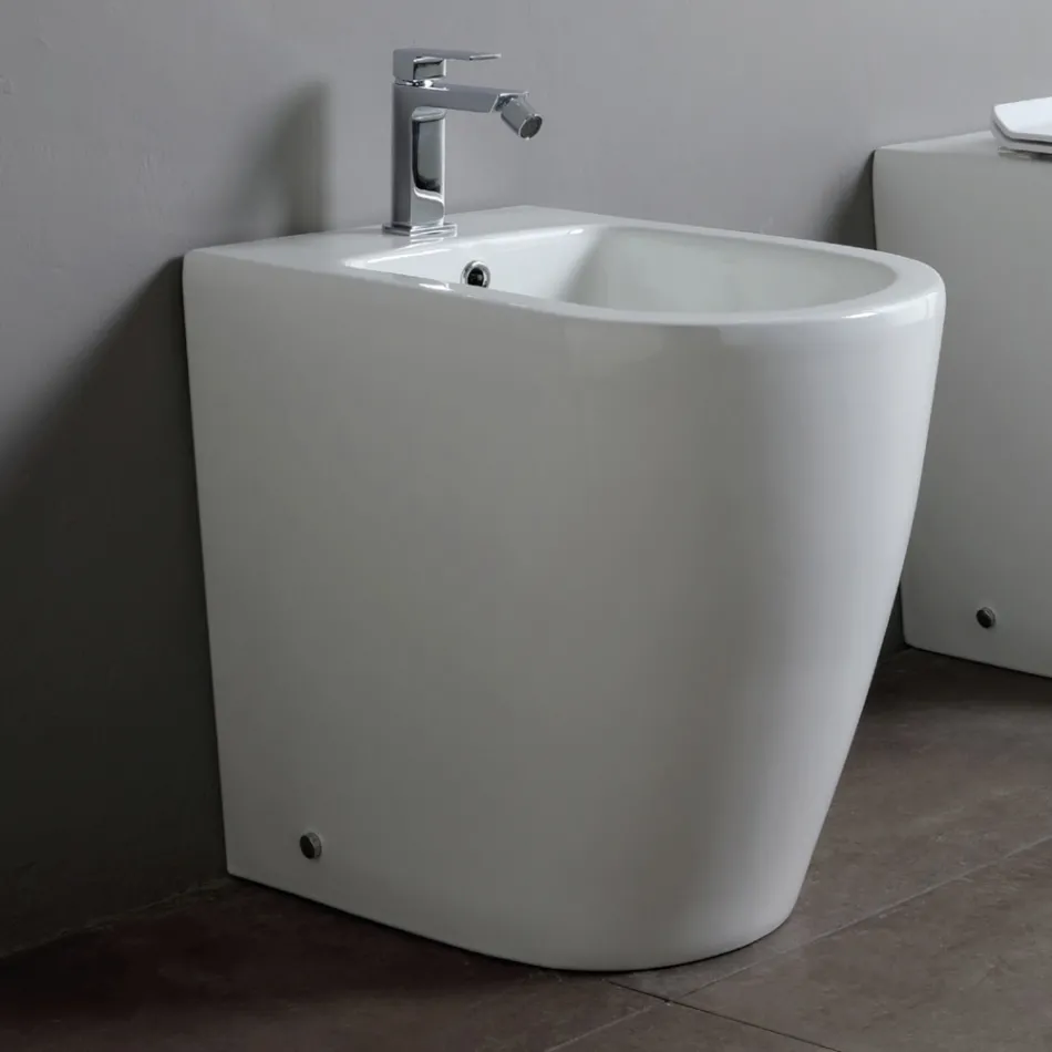 Single-Hole Bidet with Shifted Drain in Ceramic with a Modern Design - Oleandro  Viadurini
