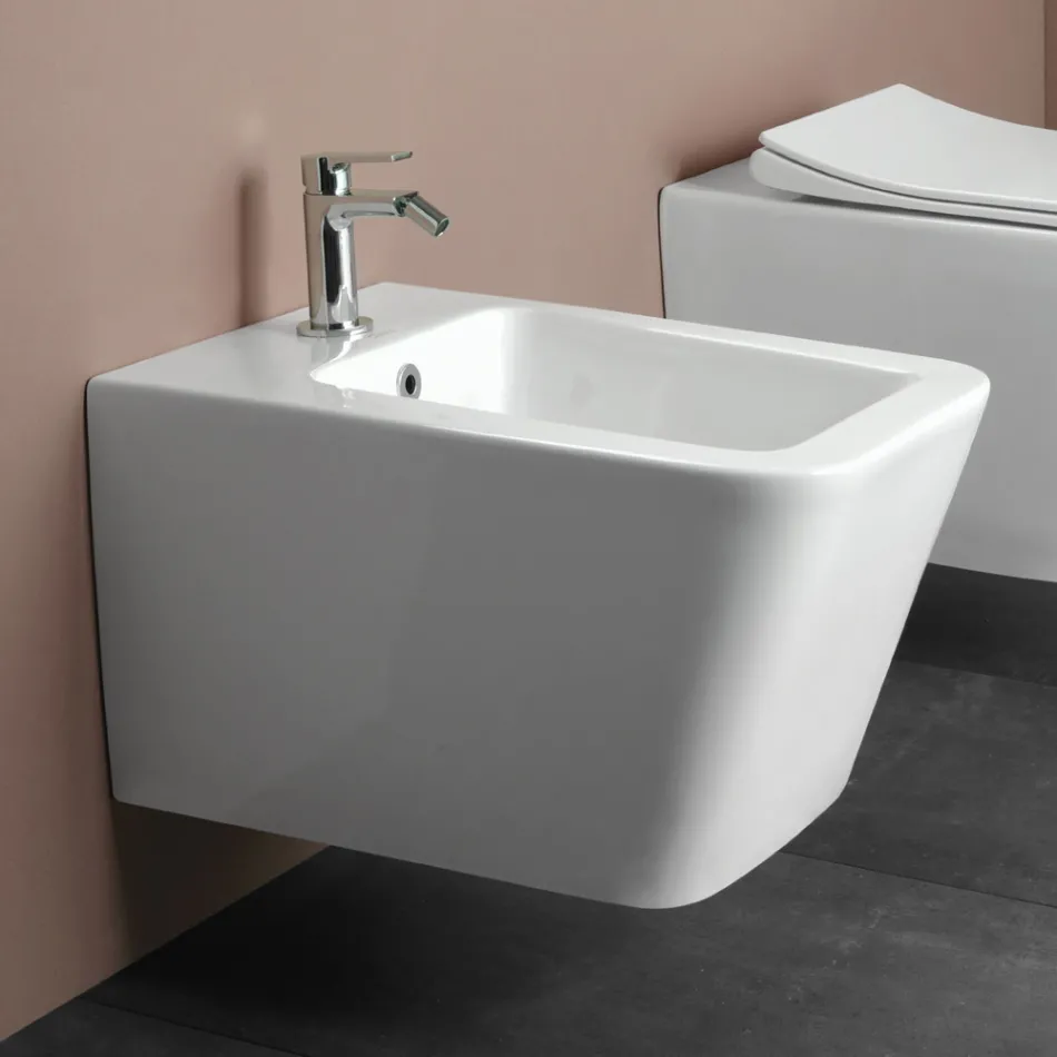 Single-Hole Wall-Hung Bidet in White Ceramic with an Elegant Modern Design - Giunco Viadurini