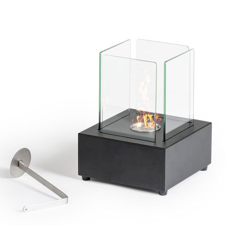 Table Bio-fireplace in Tempered Glass with Base in Black Metal - Coriano Viadurini