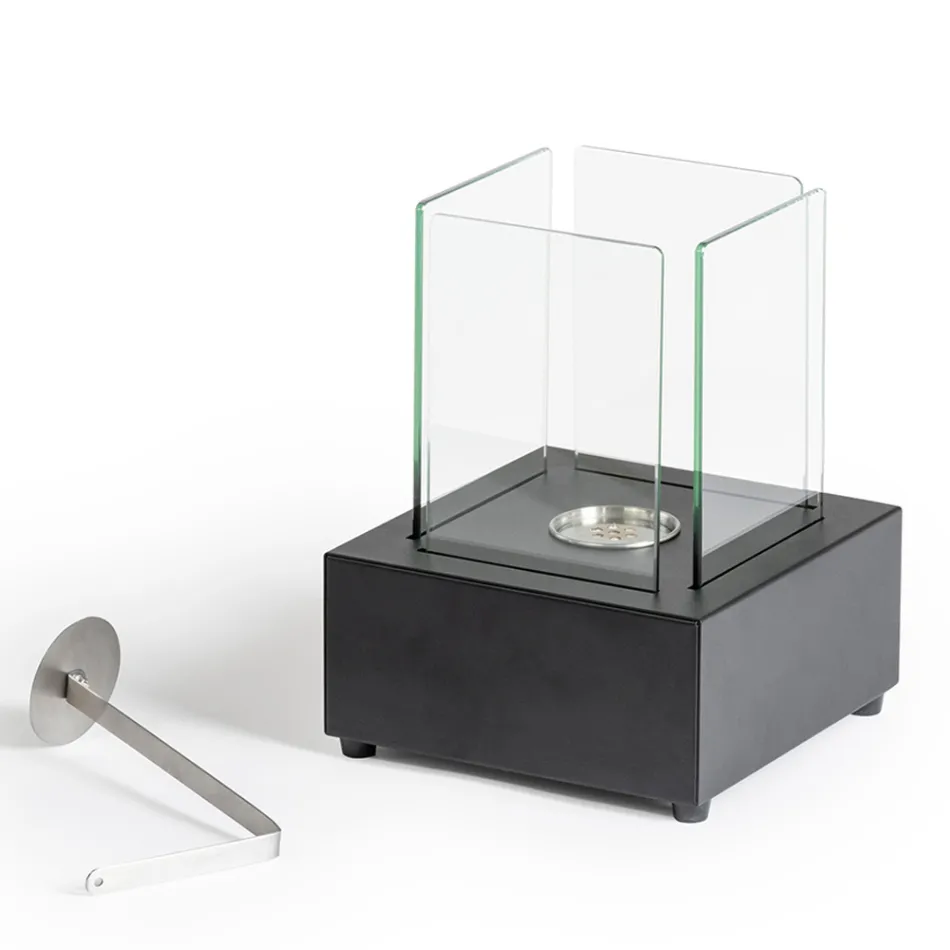 Table Bio-fireplace in Tempered Glass with Base in Black Metal - Coriano Viadurini