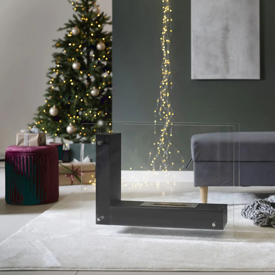 Floor biofireplace with double-sided structure in glass and black metal - Squillo Viadurini