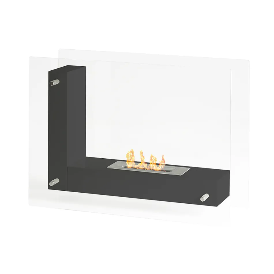 Floor biofireplace with double-sided structure in glass and black metal - Squillo Viadurini
