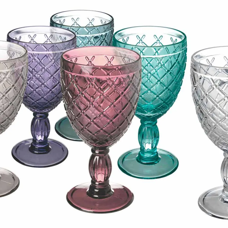 Wine or Water Goblet in Colored or Transparent Glass with Decorations, 12 Pieces - Rocca Viadurini
