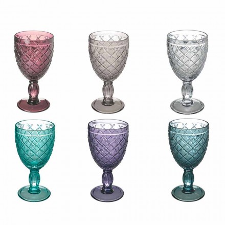 Wine or Water Goblet in Colored or Transparent Glass with Decorations, 12 Pieces - Rocca Viadurini