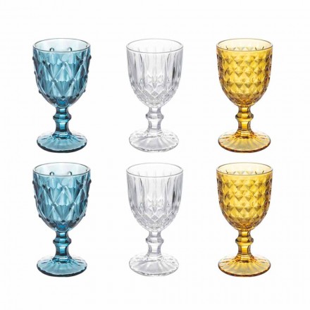 Colored Glass Goblets in Relief Decorated Glass, 12 Pieces - Angers Viadurini
