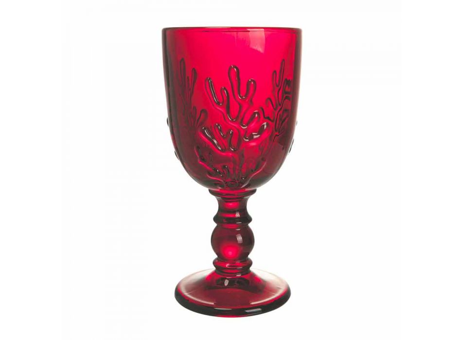 Colored Goblets in Glass and Coral Decoration, 12 Pieces - Crimson Viadurini