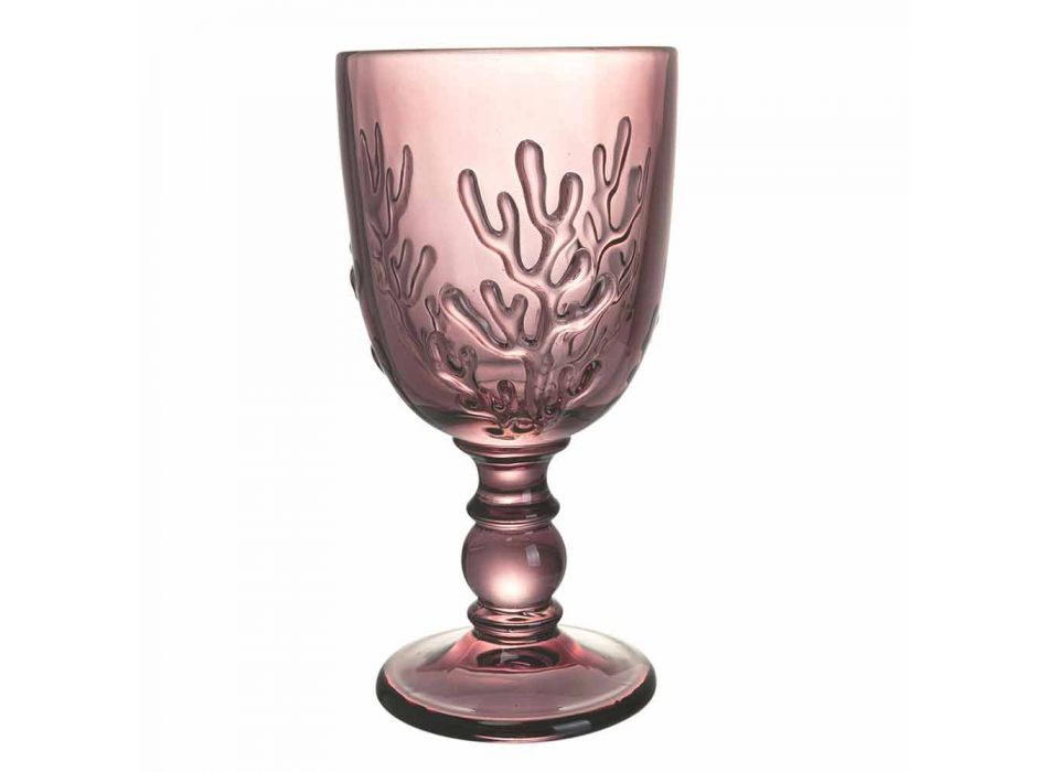 Colored Goblets in Glass and Coral Decoration, 12 Pieces - Crimson Viadurini