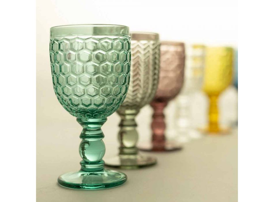 Colored Glass Decorated Goblets Water or Wine Service 12 Pieces - Mix Viadurini