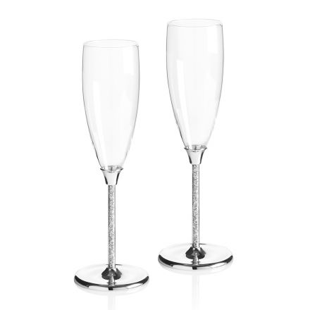 Luxury Flute Goblets in Glass, Silver Metal and Crystals 2 Pieces - Armolia Viadurini