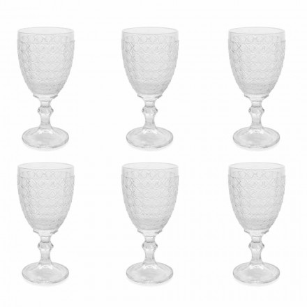 Wine Glasses in Transparent Glass and Relief Decorations, 12 Pieces - Aperi Viadurini