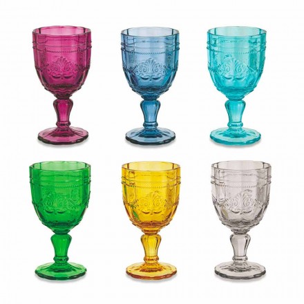Colored Wine Goblets in Glass with Arabescato Decoration, 12 Piece Service - Screw Viadurini