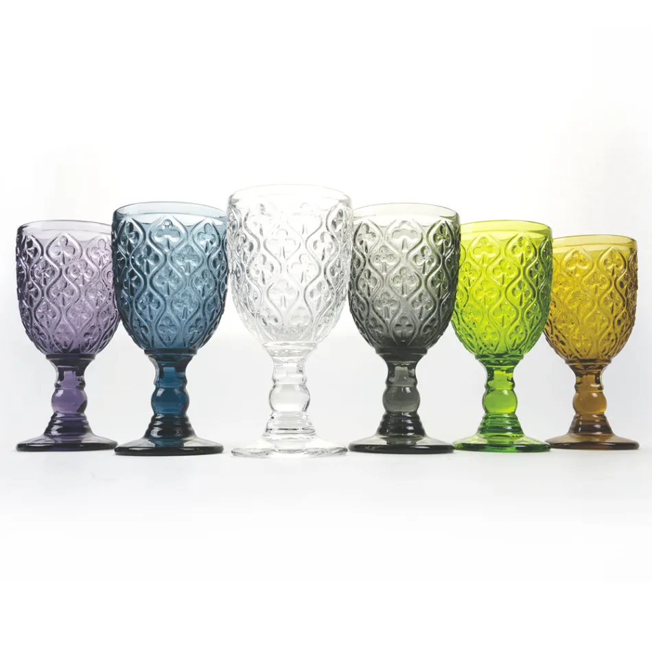 Wine or Water Goblets in Colored Glass and Arabesque Decoration 12 Pieces - Morocco Viadurini