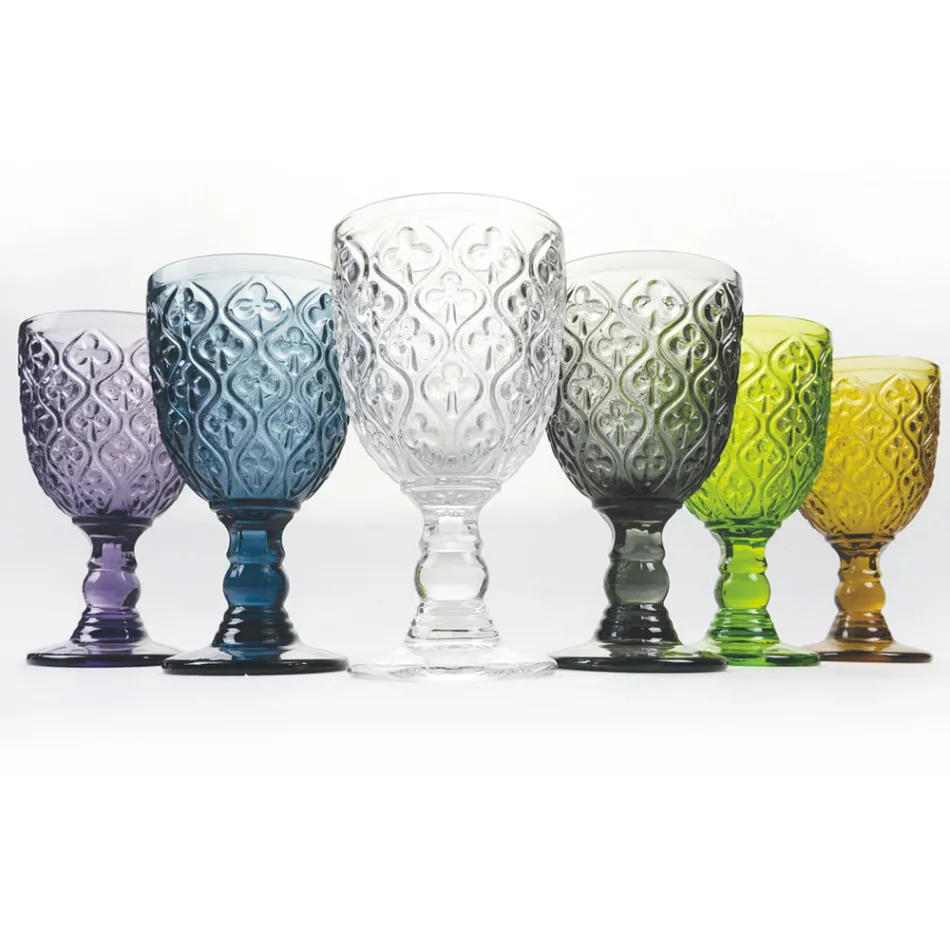 Wine or Water Goblets in Colored Glass and Arabesque Decoration 12 Pieces - Morocco Viadurini