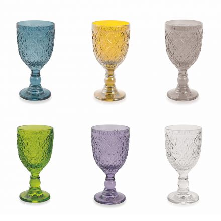 Wine or Water Goblets in Colored Glass and Arabesque Decoration 12 Pieces - Morocco Viadurini