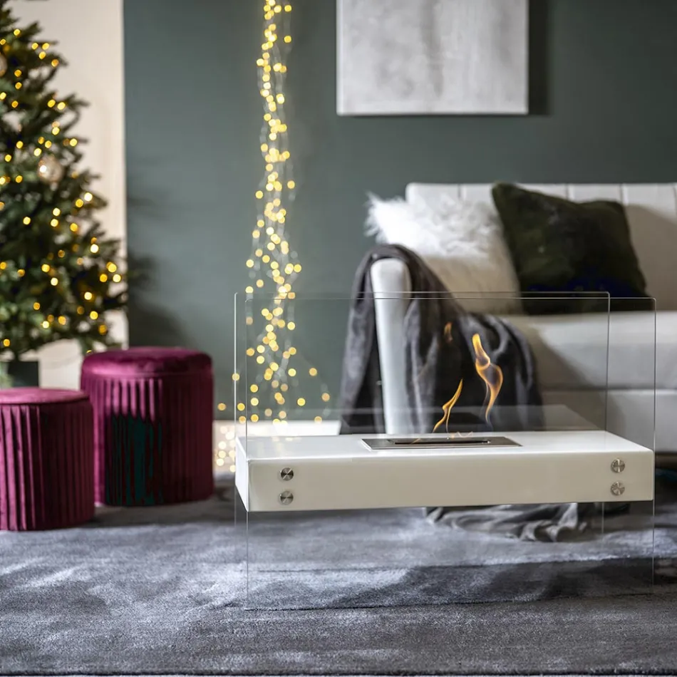 Bioethanol Floor Fireplace in White Metal and Tempered Glass - Timon Viadurini