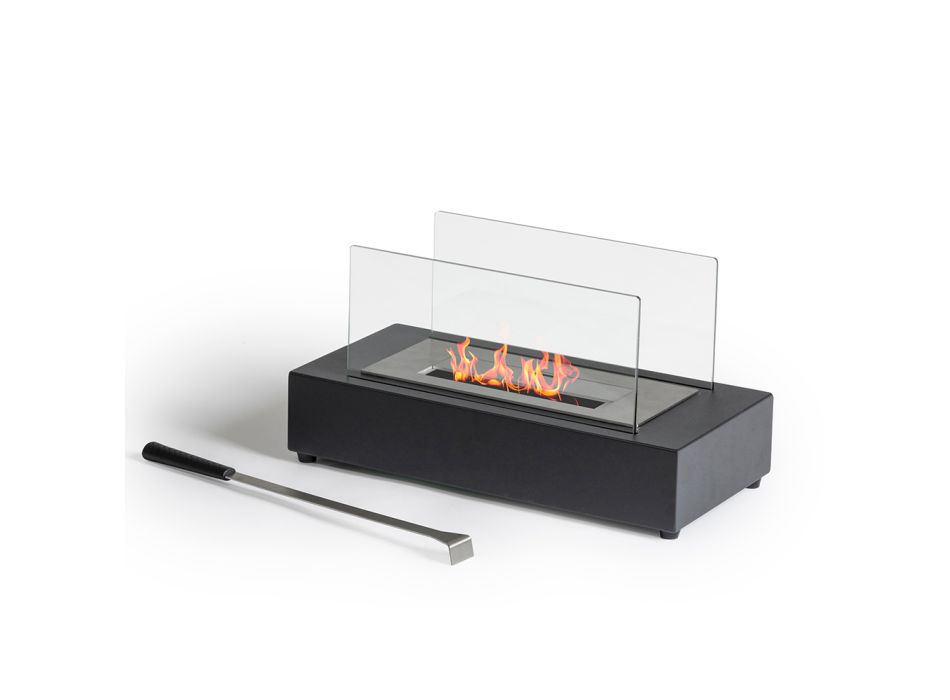 Table Bioethanol Fireplace in Tempered Glass and Black Metal - Fiandre Viadurini