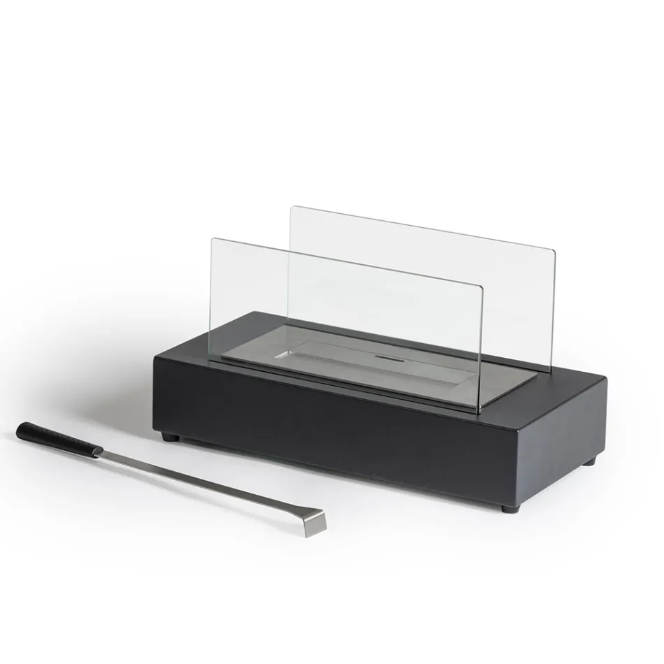 Table Bioethanol Fireplace in Tempered Glass and Black Metal - Fiandre Viadurini