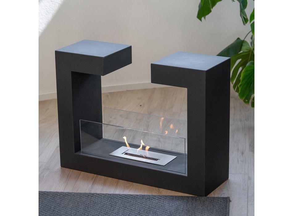 Floor Bioethanol Fireplace in Black Metal and Tempered Glass - Plutanium Viadurini