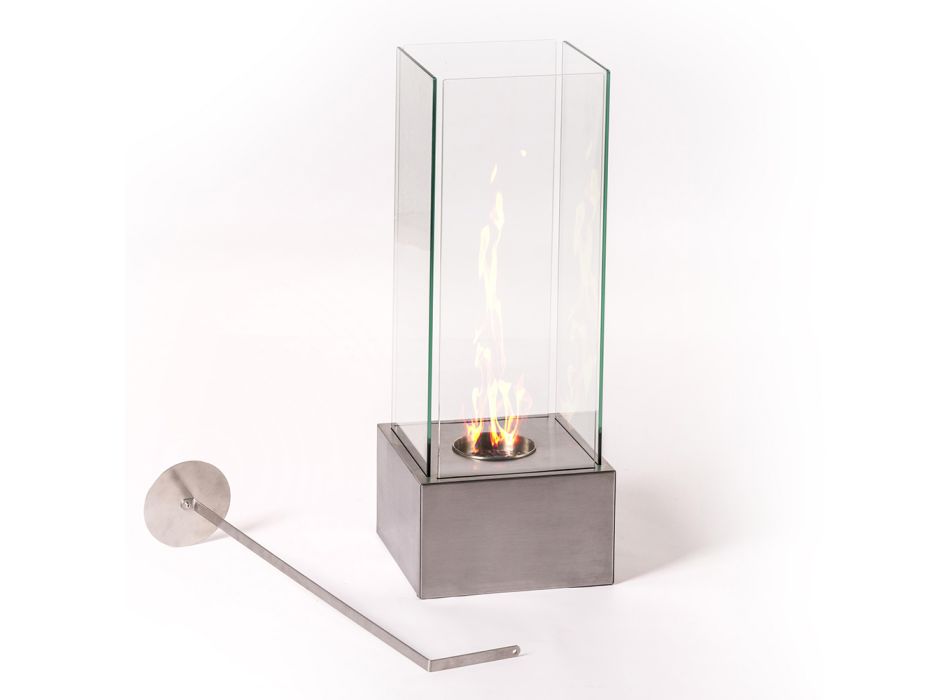 Floor Bioethanol Fireplace in Tempered Glass with Metal Base - Ziggy Viadurini