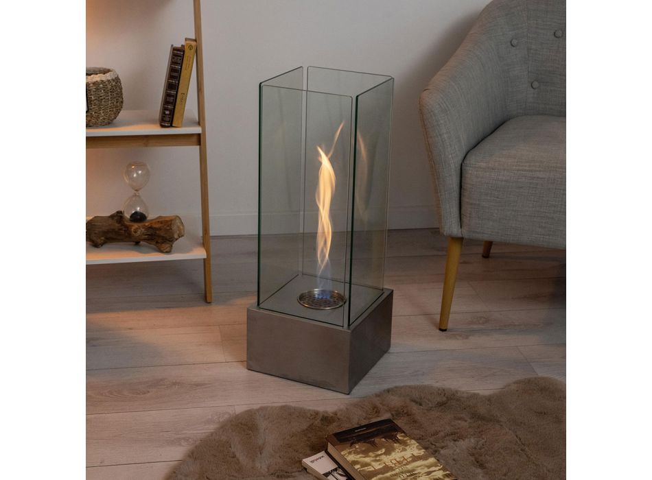Floor Bioethanol Fireplace in Tempered Glass with Metal Base - Ziggy Viadurini