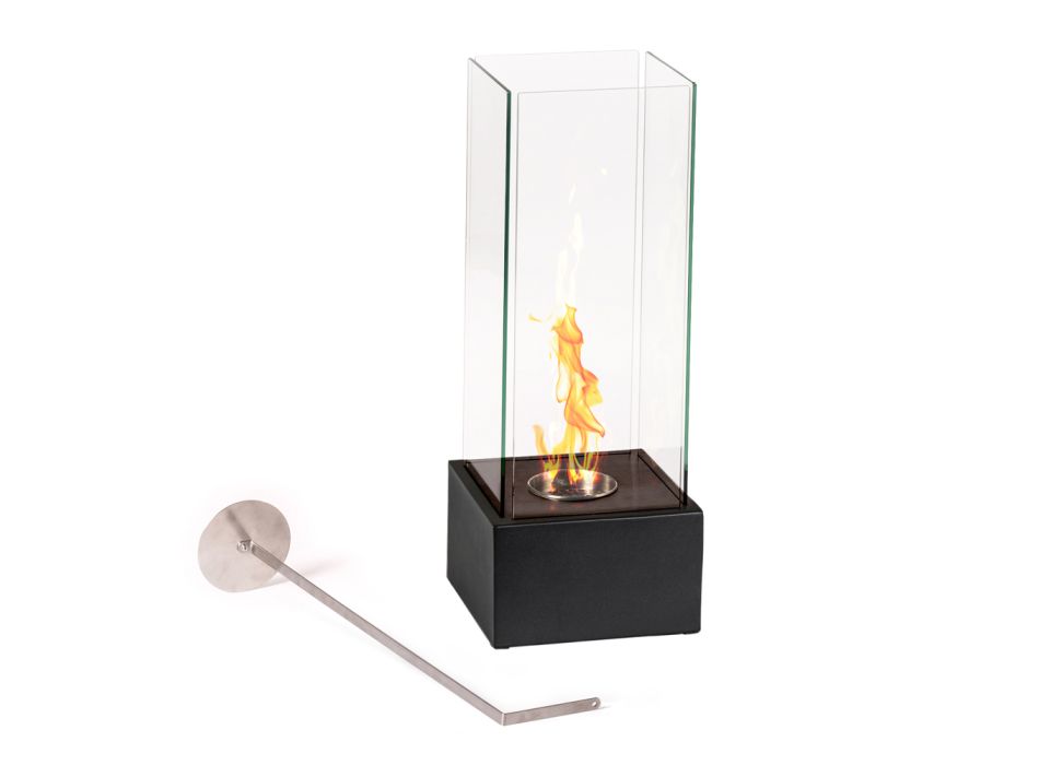 Floor Bioethanol Fireplace in Tempered Glass and Black Metal Base - Spike Viadurini