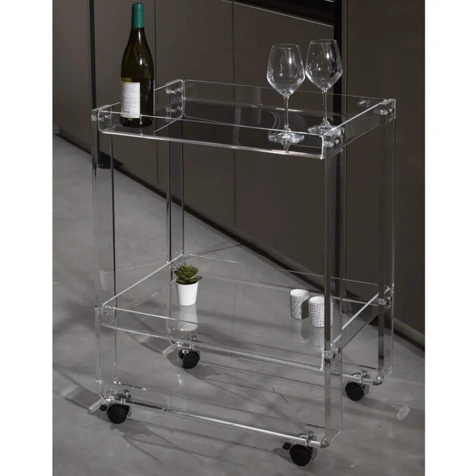 Trolley 2 Shelves in Transparent Acrylic with Wheels and Tray - Alonso Viadurini