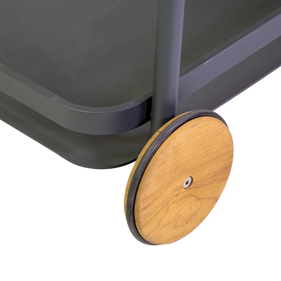 Aluminum Trolley in Different Finishes with Wheels and Teak Details - Tent Viadurini