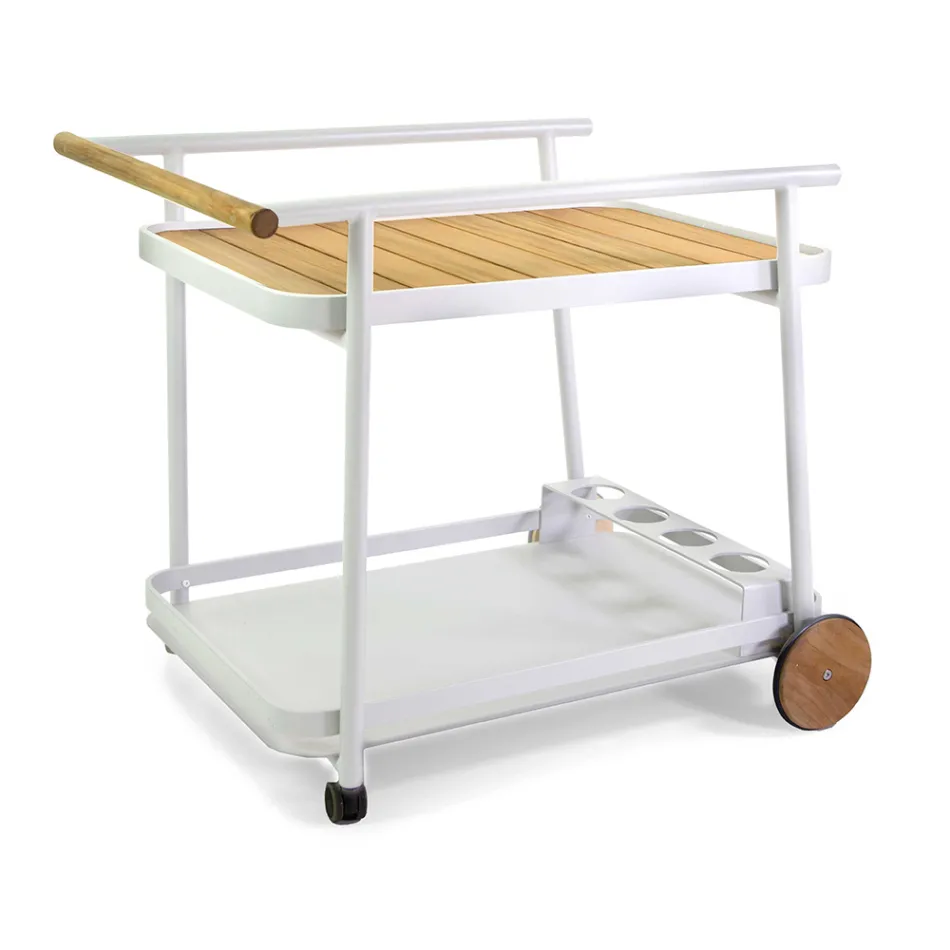 Aluminum Trolley in Different Finishes with Wheels and Teak Details - Tent Viadurini