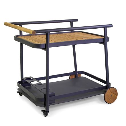 Aluminum Trolley in Different Finishes with Wheels and Teak Details - Tent Viadurini