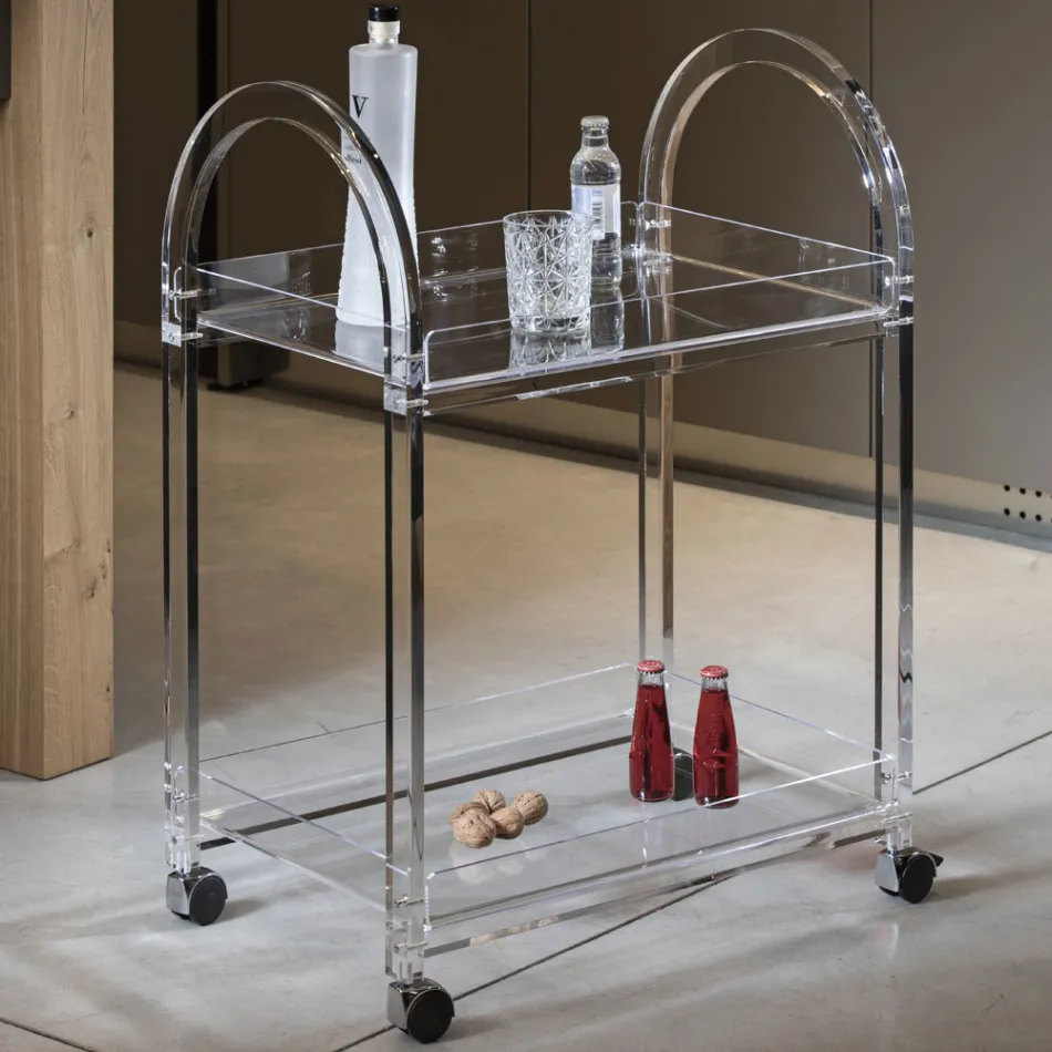 Transparent Acrylic Crystal Trolley with Wheels and Shelf - Arketipo Viadurini