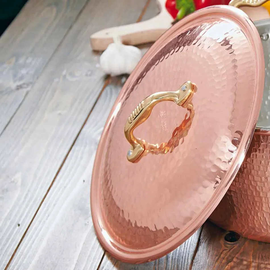 Low Casserole in Tinned Copper by Hand Round with 2 Handles 24 cm - Gianfranco Viadurini