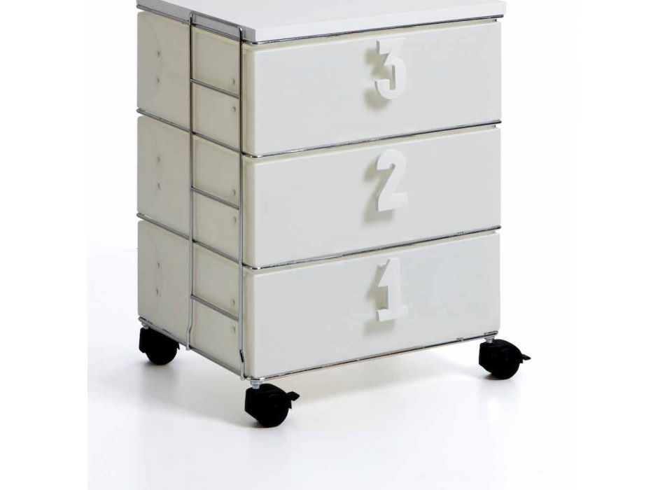 3 drawer chest of drawers with numerical handles and white Yodi wheels