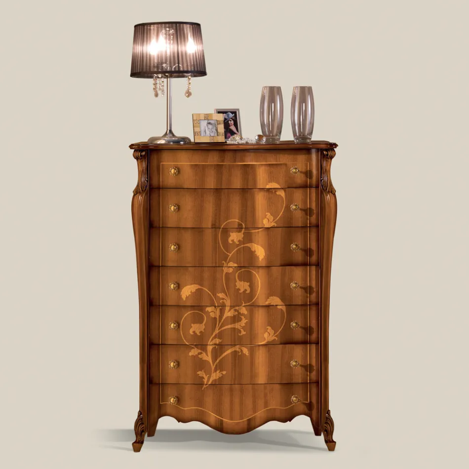 Chest of 7 Drawers in Inlaid Walnut Wood Made in Italy - Commodus Viadurini