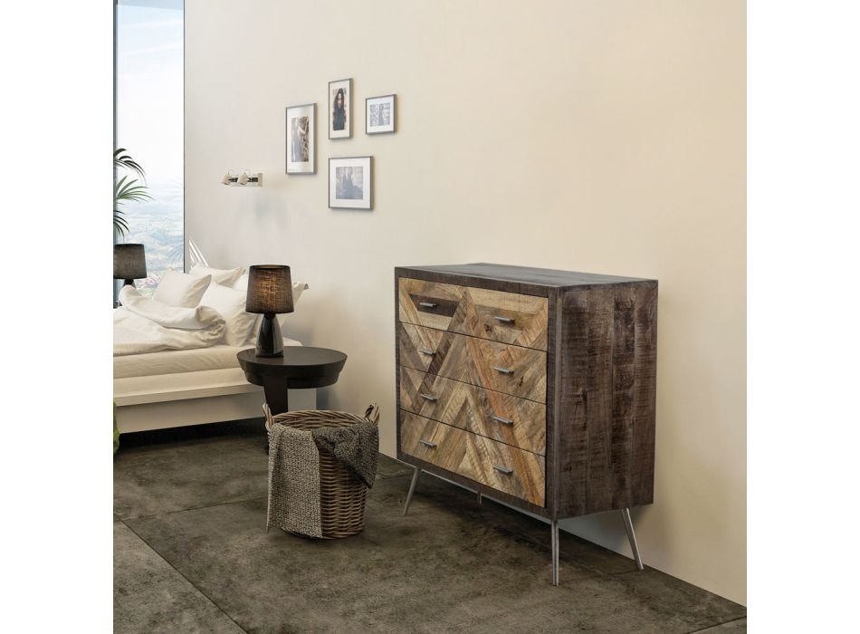 Chest of Drawers in Mango Wood with 4 Drawers of Industrial Design - Koda