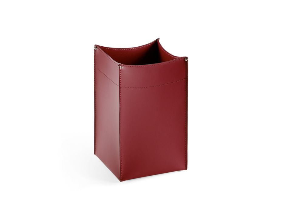 Square Wastepaper Basket in Wine Leather Made in Italy - Sky Viadurini