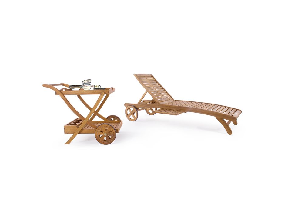 Wooden Garden Chaise Longue with Design Wheels for Outdoor - Roxen Viadurini