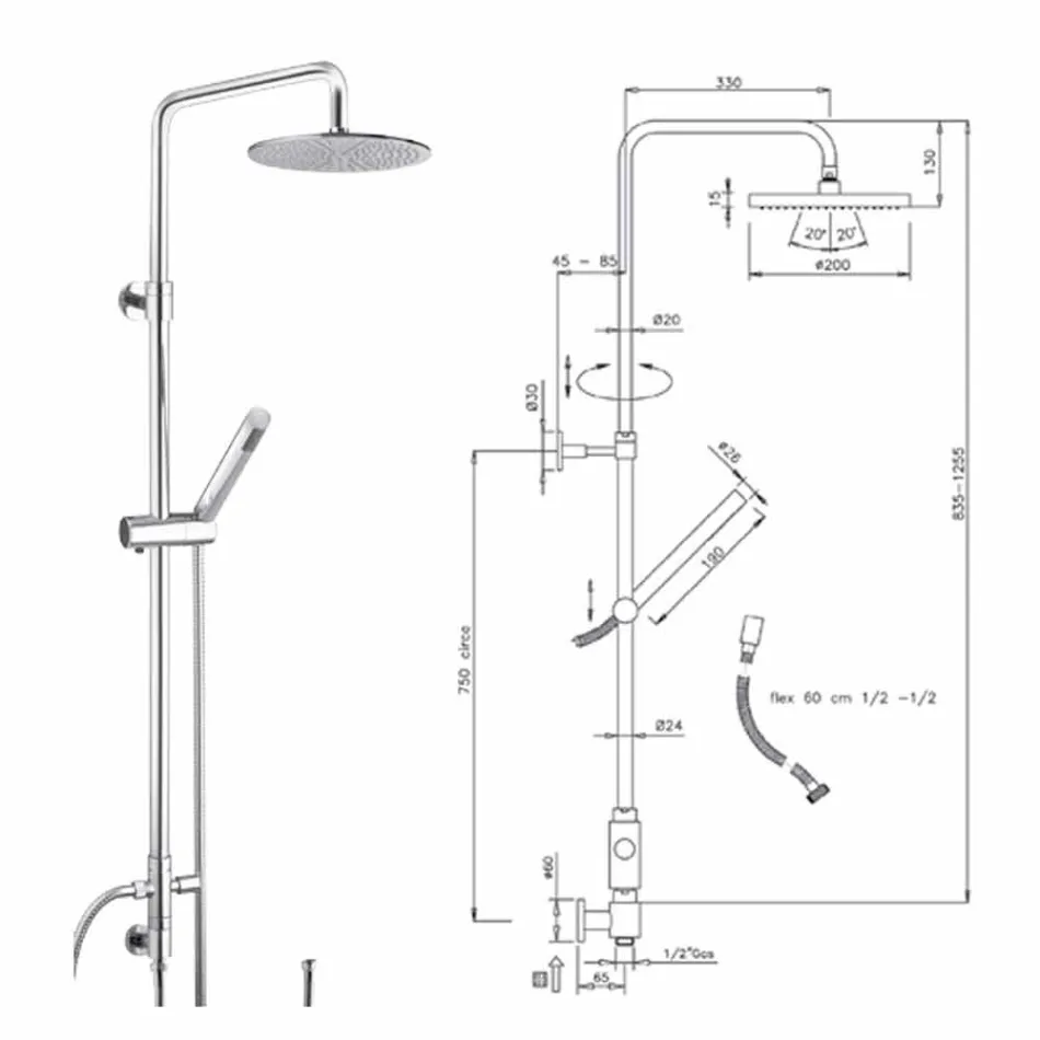 Round Section Shower Column in Brass with Hand Shower Made in Italy - Amadeo Viadurini