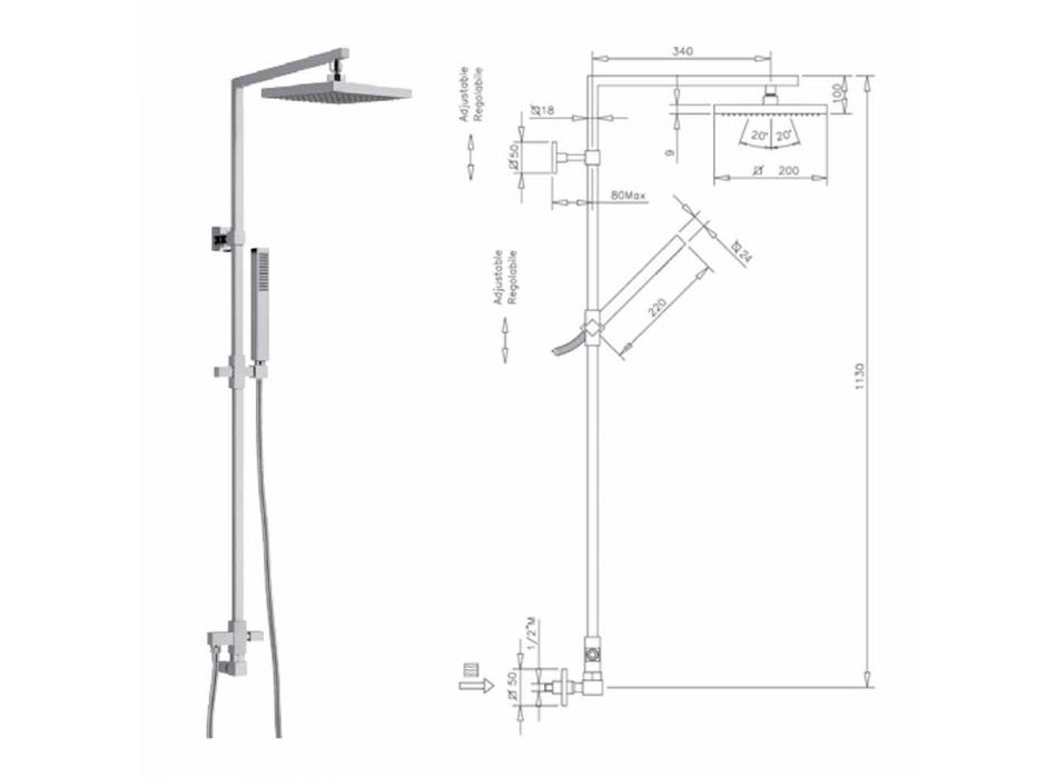 Brass Shower Column with Square Steel Showerhead Made in Italy - Regino