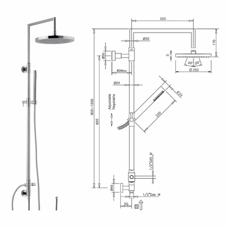 Shower column in chromed brass with abs hand shower made in Italy - Selvio Viadurini